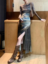 BXOXO American Vintage Tie Dye Mesh Dress for Women Autumn Slim Waist Long Sleeve Vestidos+ Bottoming Strap Two Piece Sets